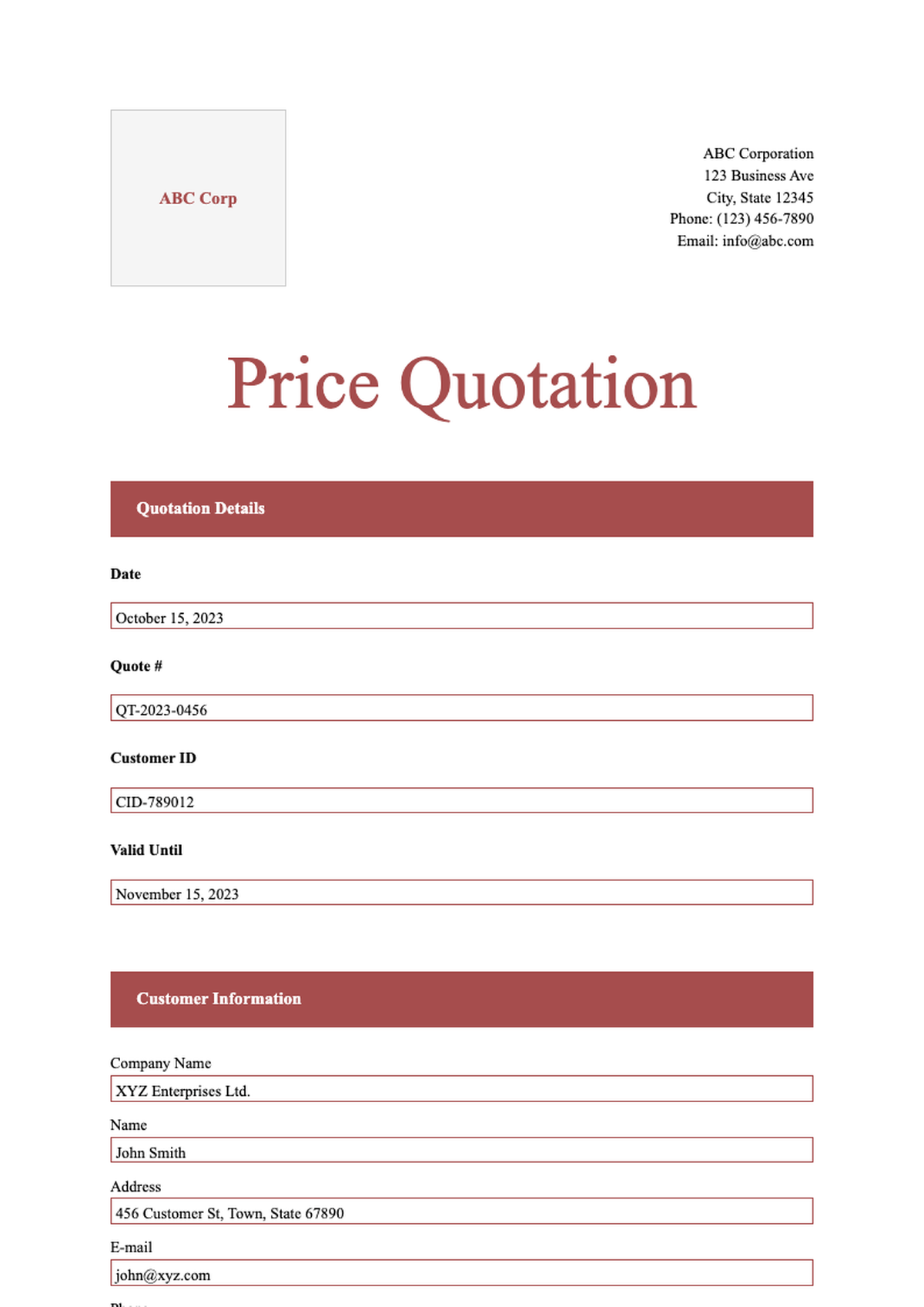 Professional quotation template with red accents and itemized table_variant_1